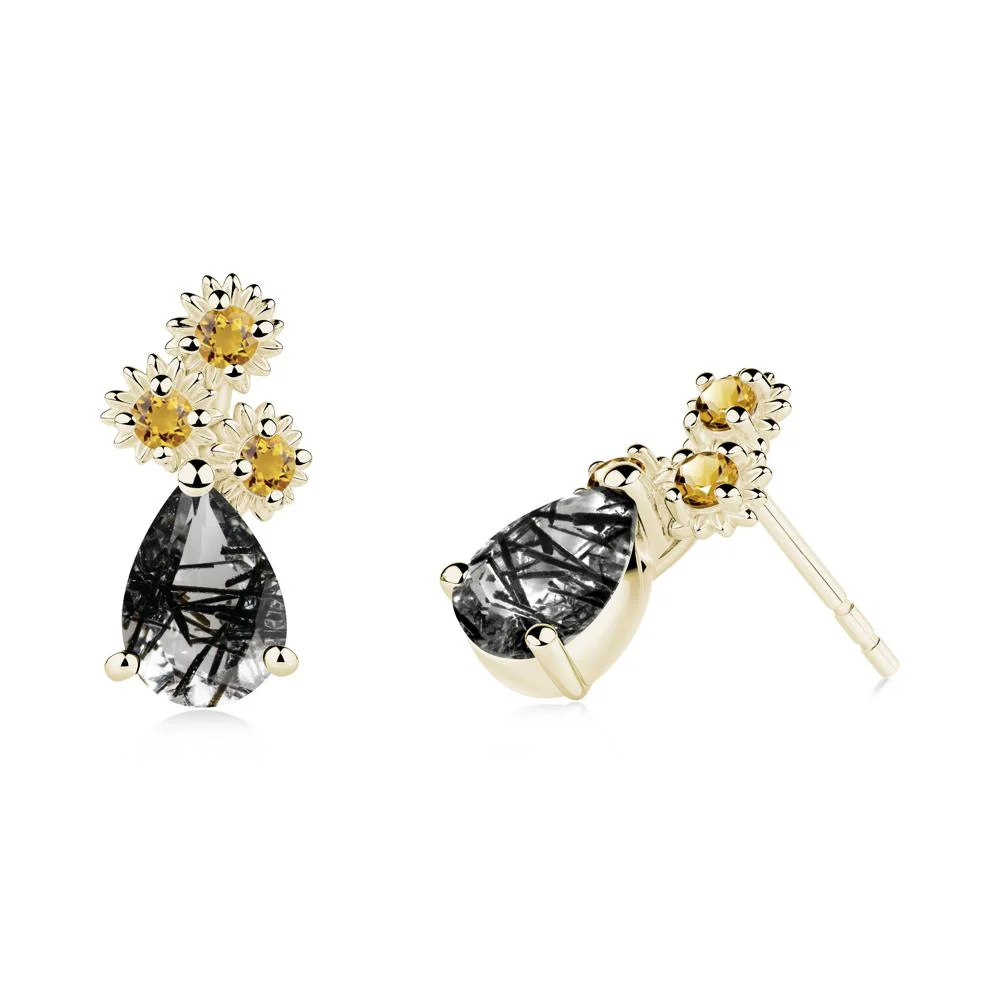 Teardrop Black Rutilated Quartz and Citrine Flower Stud Earrings