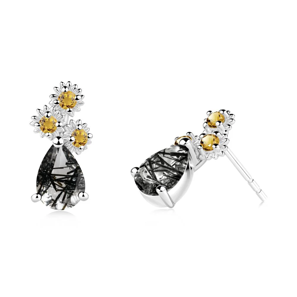 Teardrop Black Rutilated Quartz and Citrine Flower Stud Earrings - Image 3
