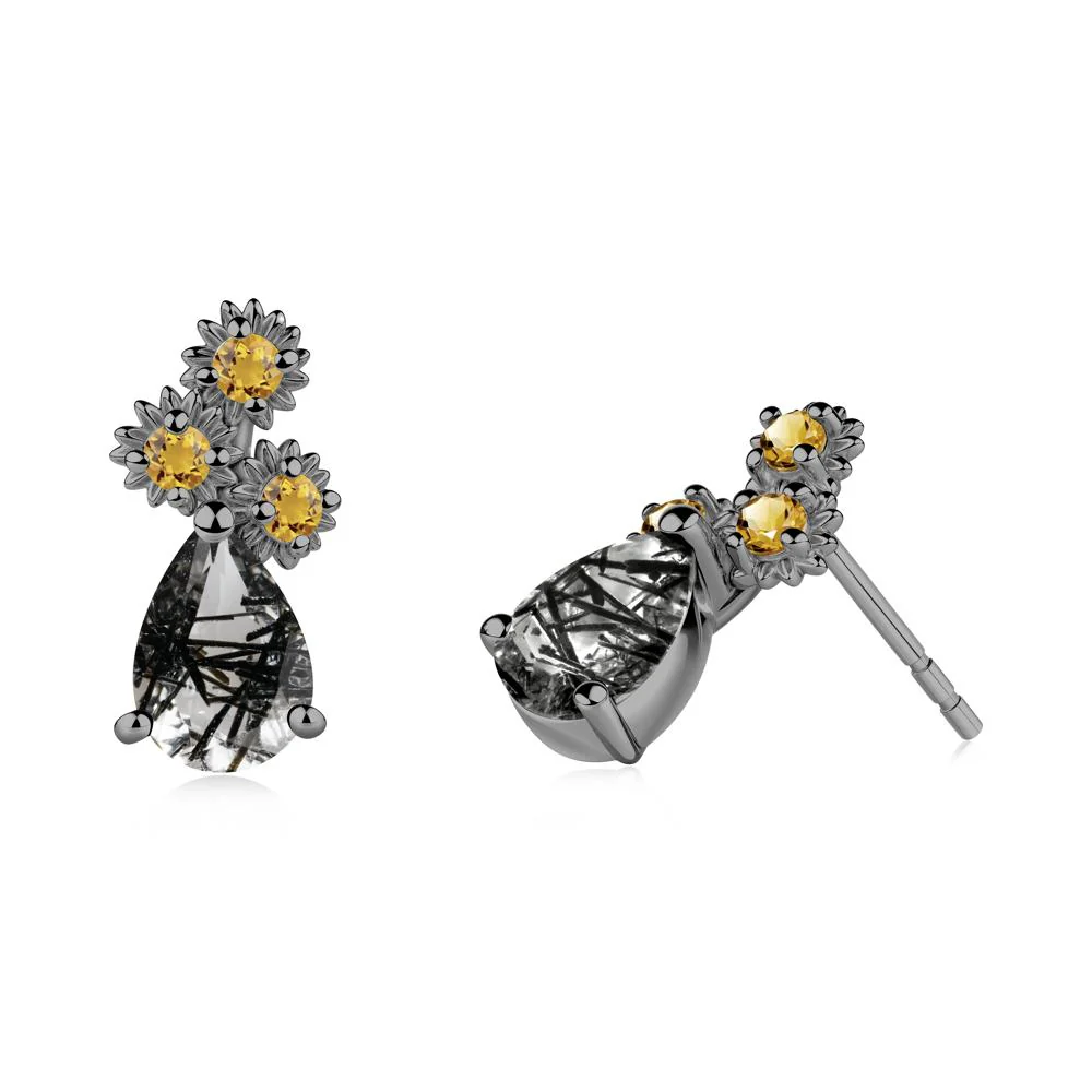 Teardrop Black Rutilated Quartz and Citrine Flower Stud Earrings - Image 4