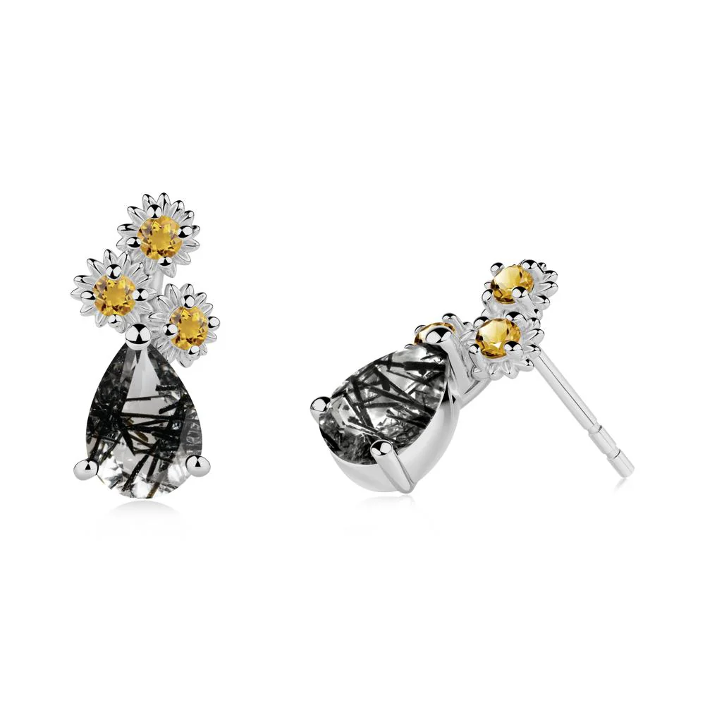 Teardrop Black Rutilated Quartz and Citrine Flower Stud Earrings - Image 7