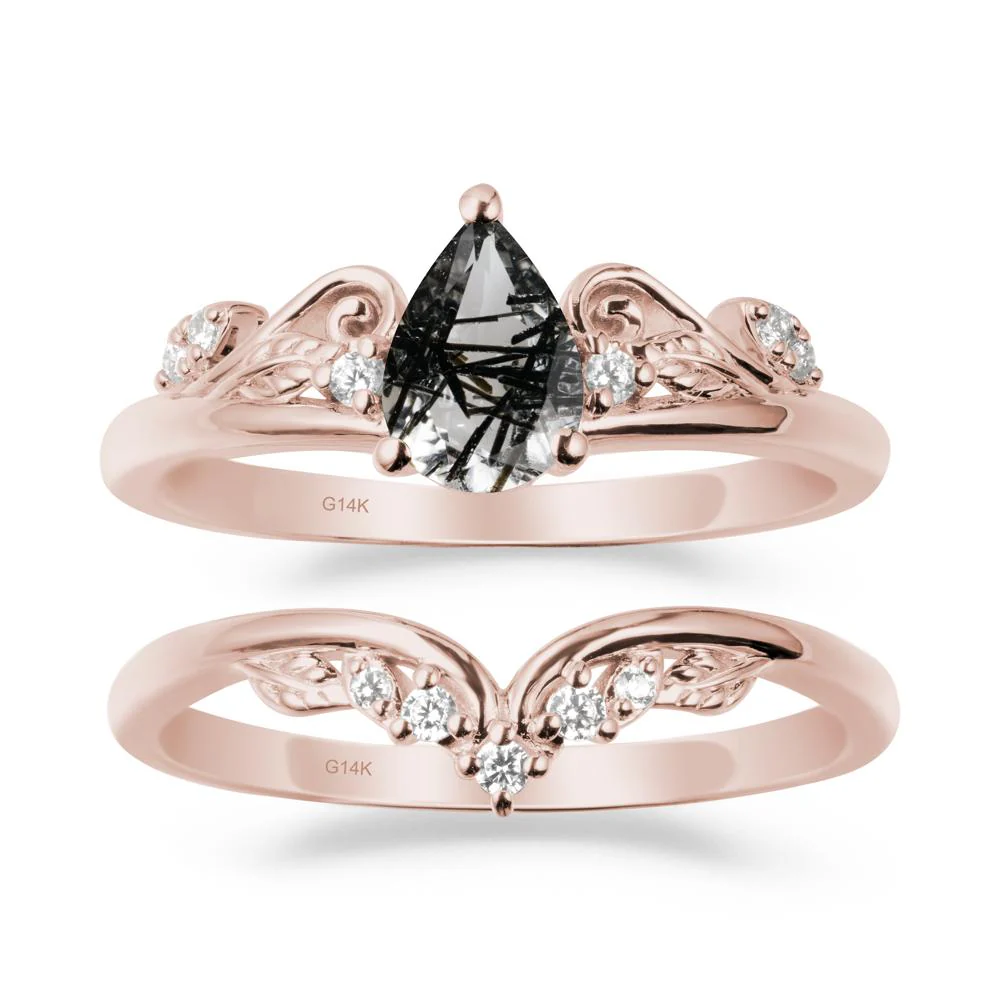 Teardrop Black Rutilated Quartz Promise Ring Set