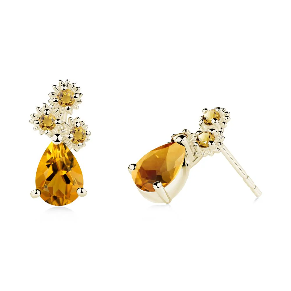 Teardrop Citrine Flower Stud Earrings