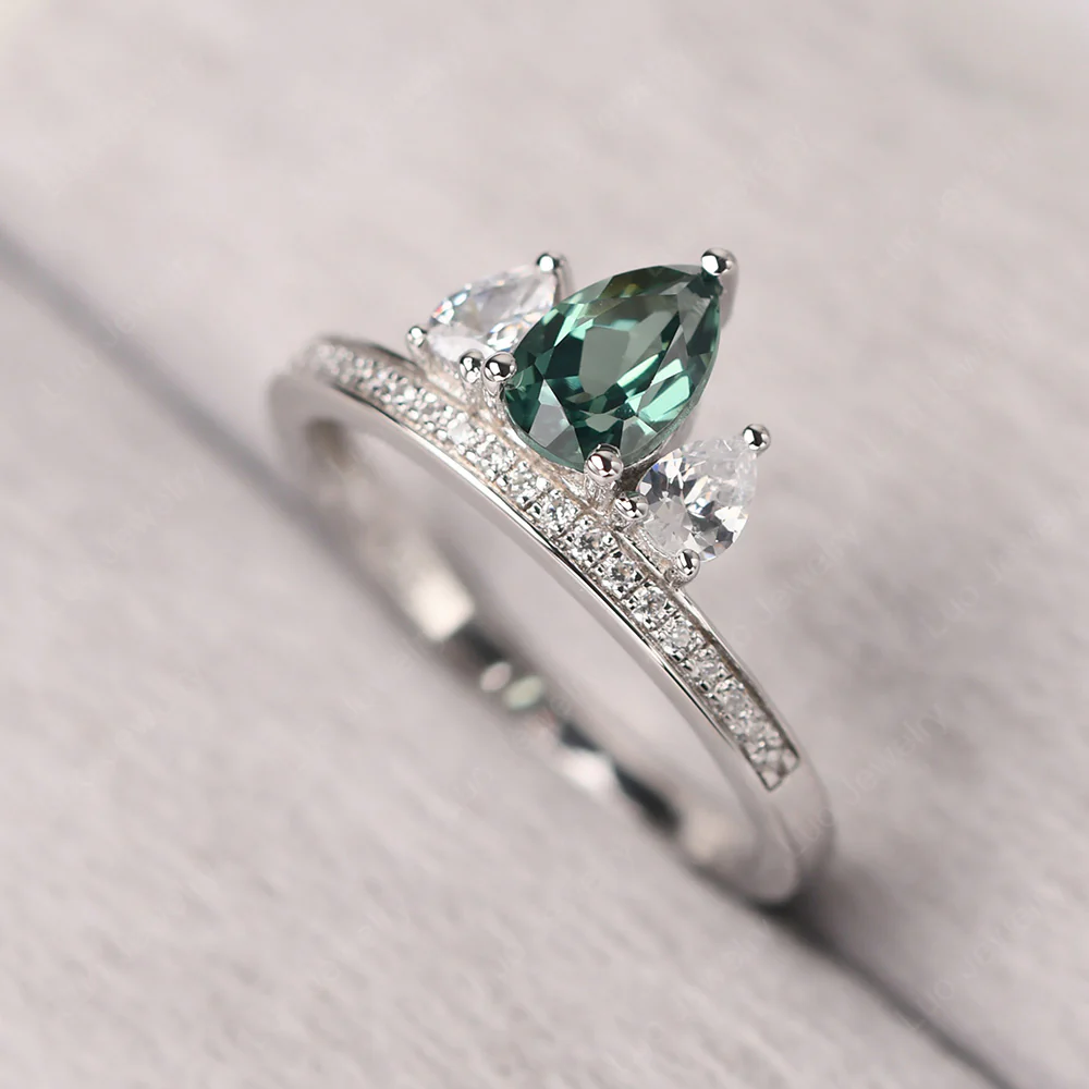 Green Sapphire Three Stone Pear Engagement Ring - Image 3