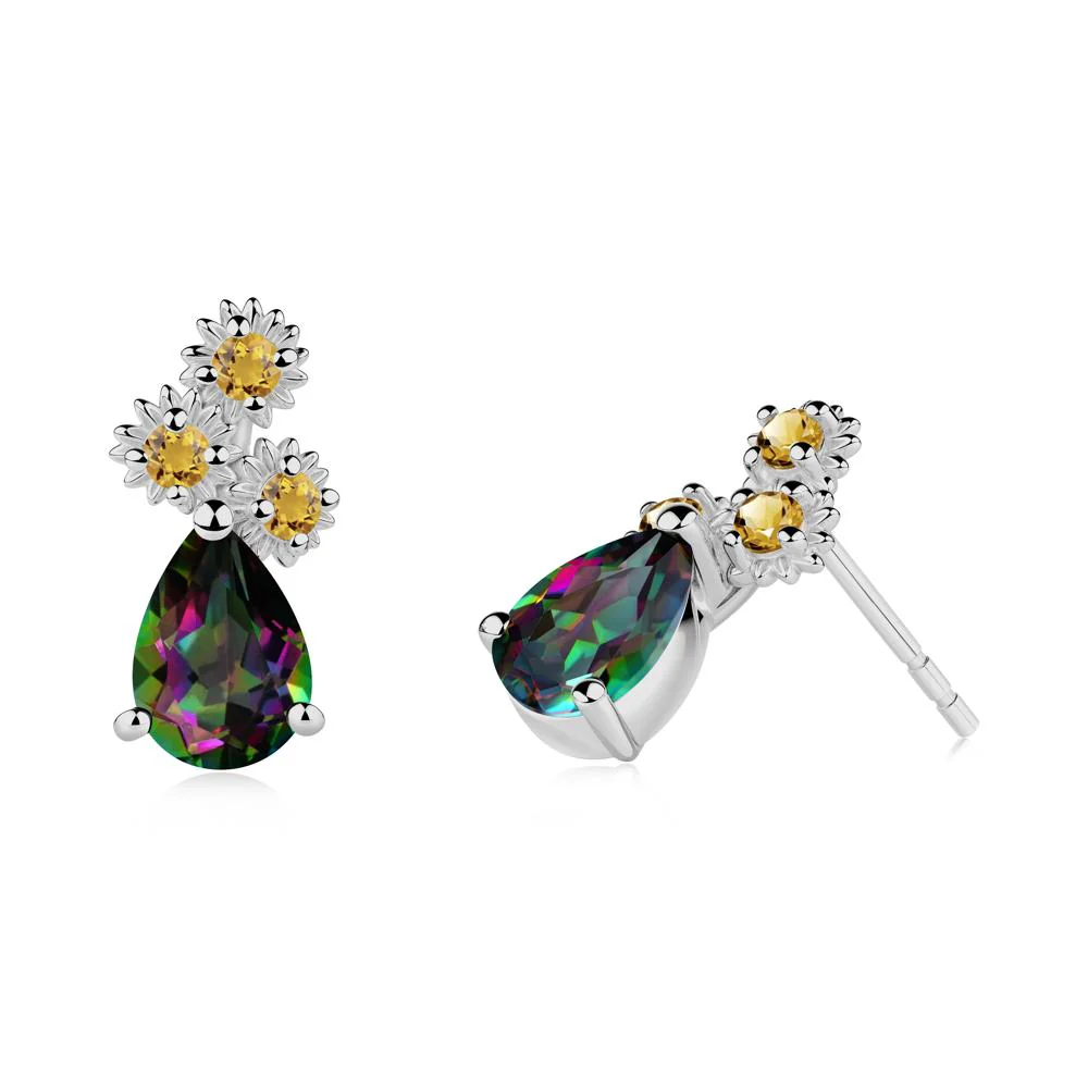 Teardrop Mystic Topaz and Citrine Flower Stud Earrings