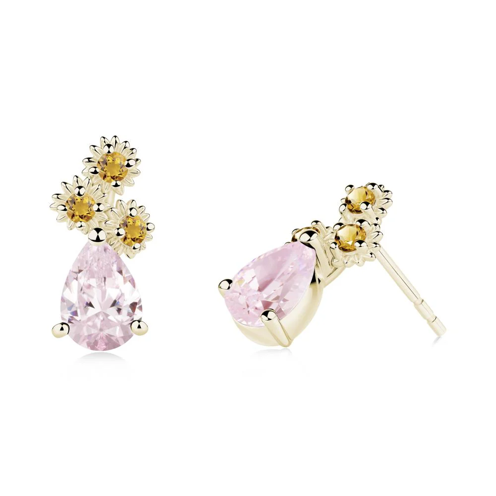 Teardrop Pink Cubic Zirconia and Citrine Flower Stud Earrings