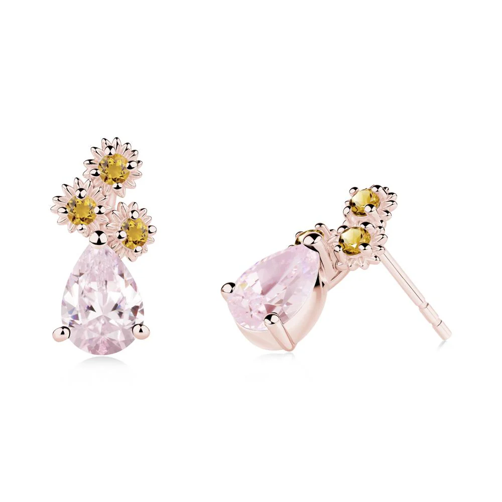 Teardrop Pink Cubic Zirconia and Citrine Flower Stud Earrings - Image 2