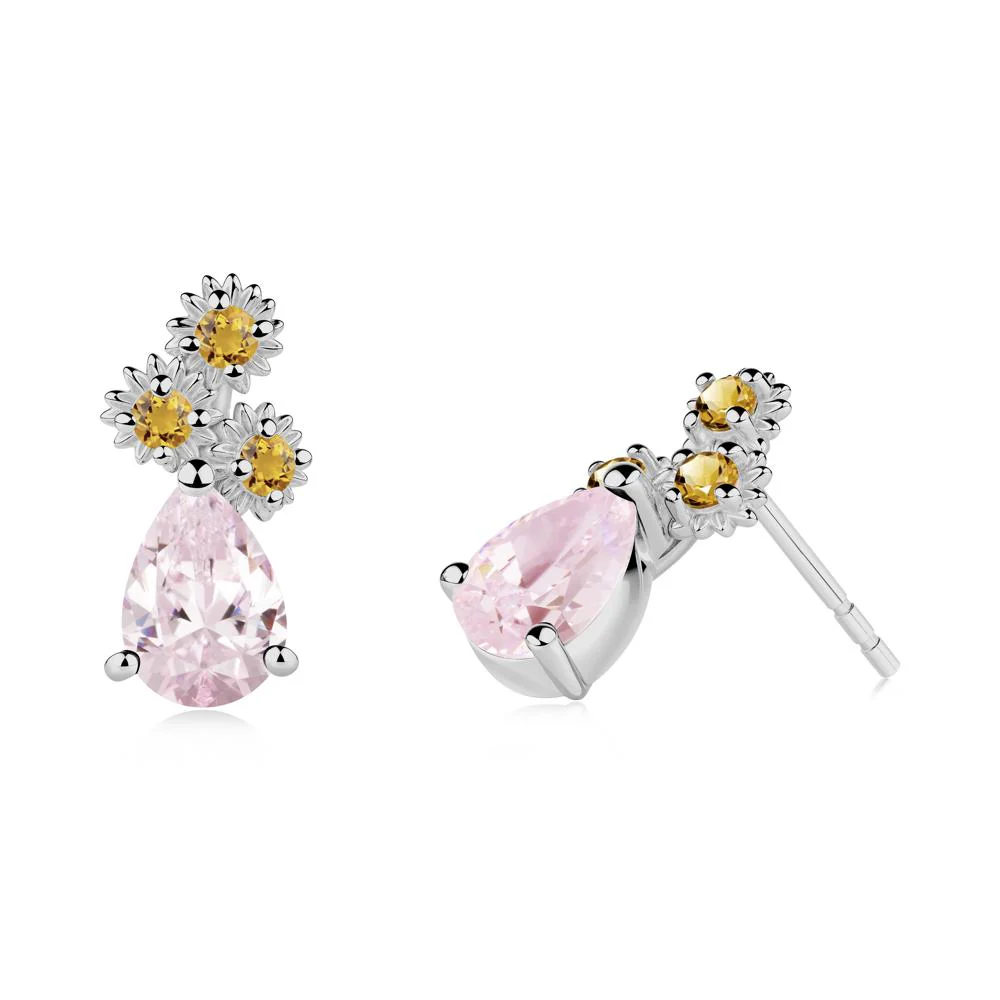 Teardrop Pink Cubic Zirconia and Citrine Flower Stud Earrings - Image 3