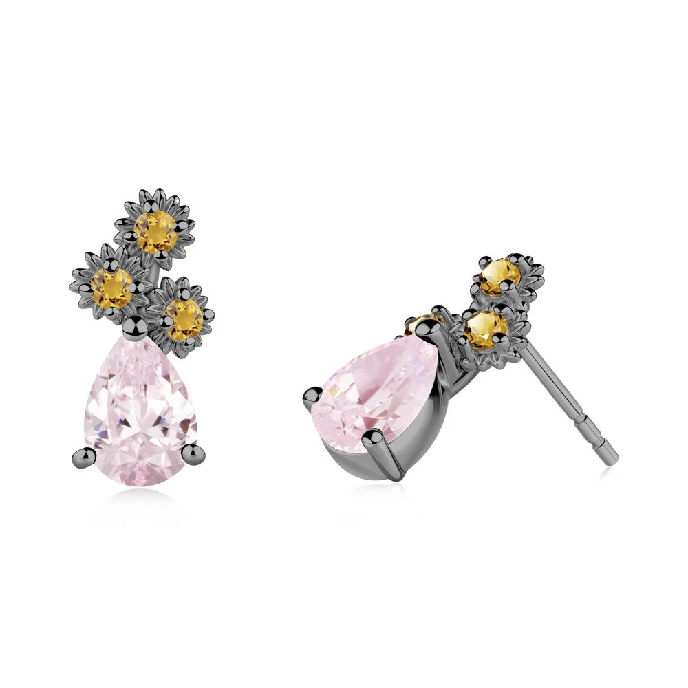 Teardrop Pink Cubic Zirconia and Citrine Flower Stud Earrings - Image 6