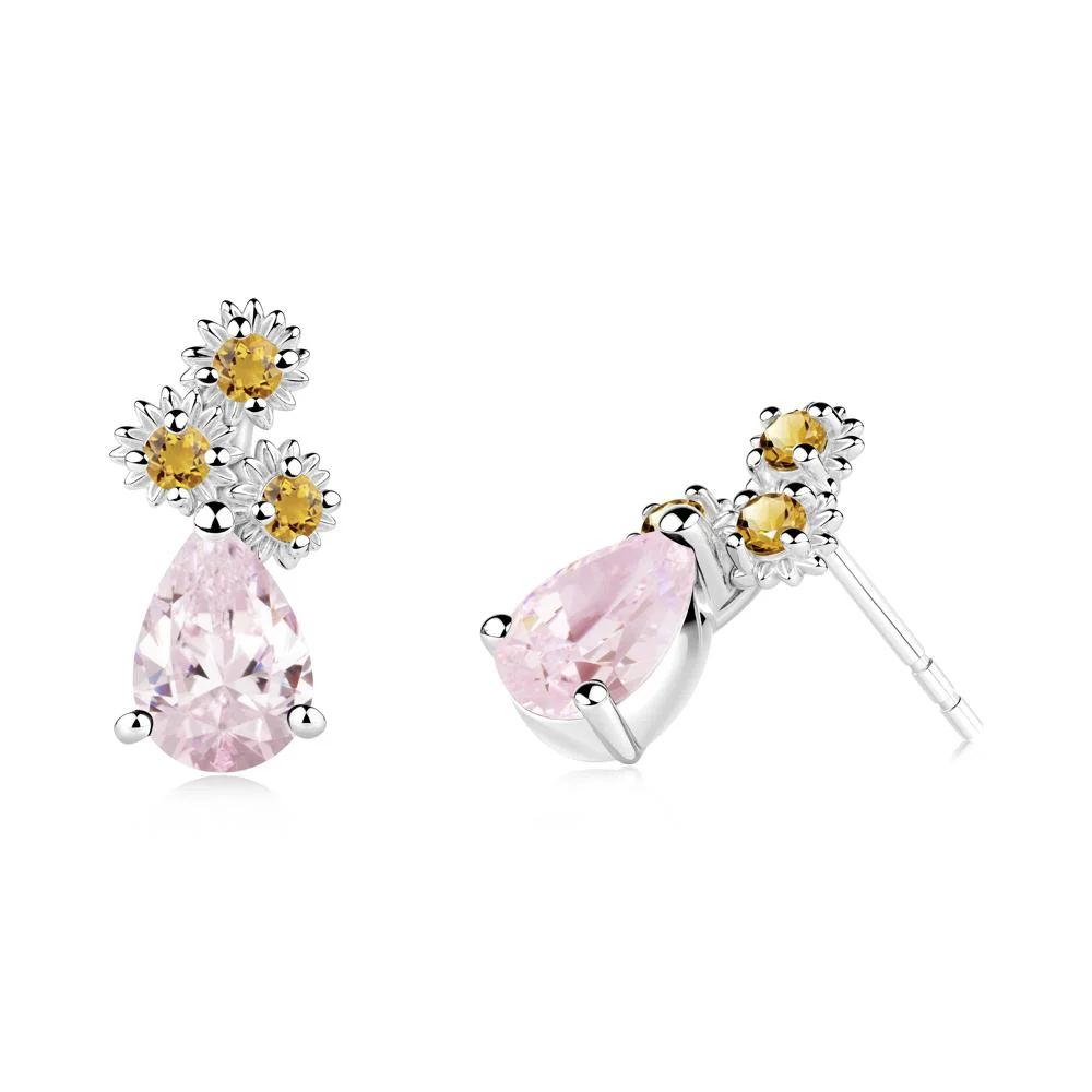 Teardrop Pink Cubic Zirconia and Citrine Flower Stud Earrings - Image 7