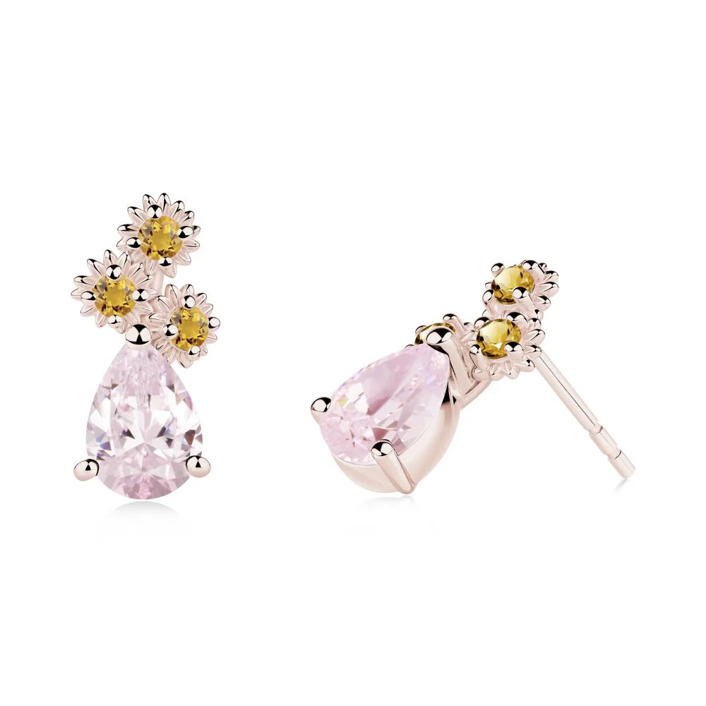 Teardrop Pink Cubic Zirconia and Citrine Flower Stud Earrings - Image 9