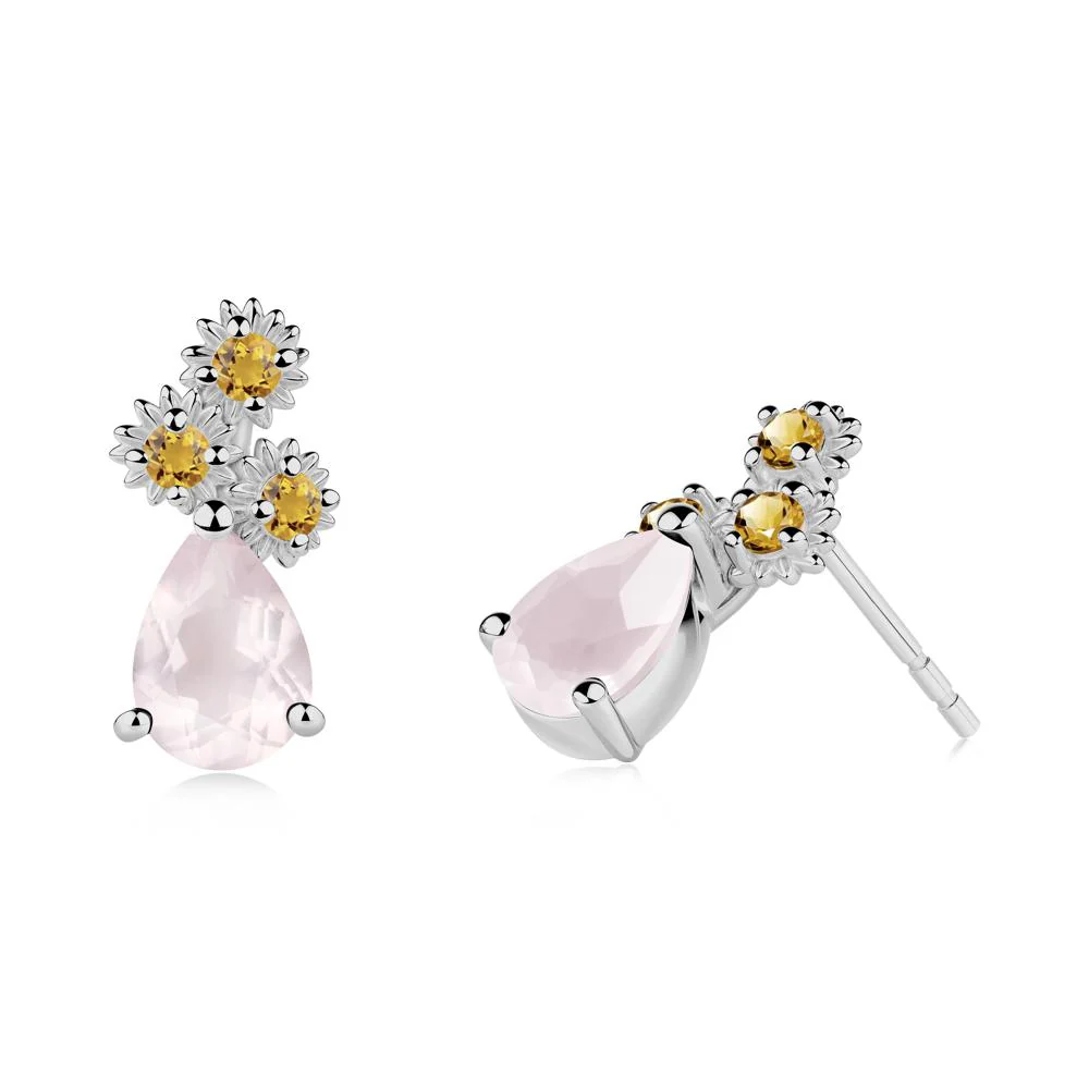 Teardrop Rose Quartz and Citrine Flower Stud Earrings