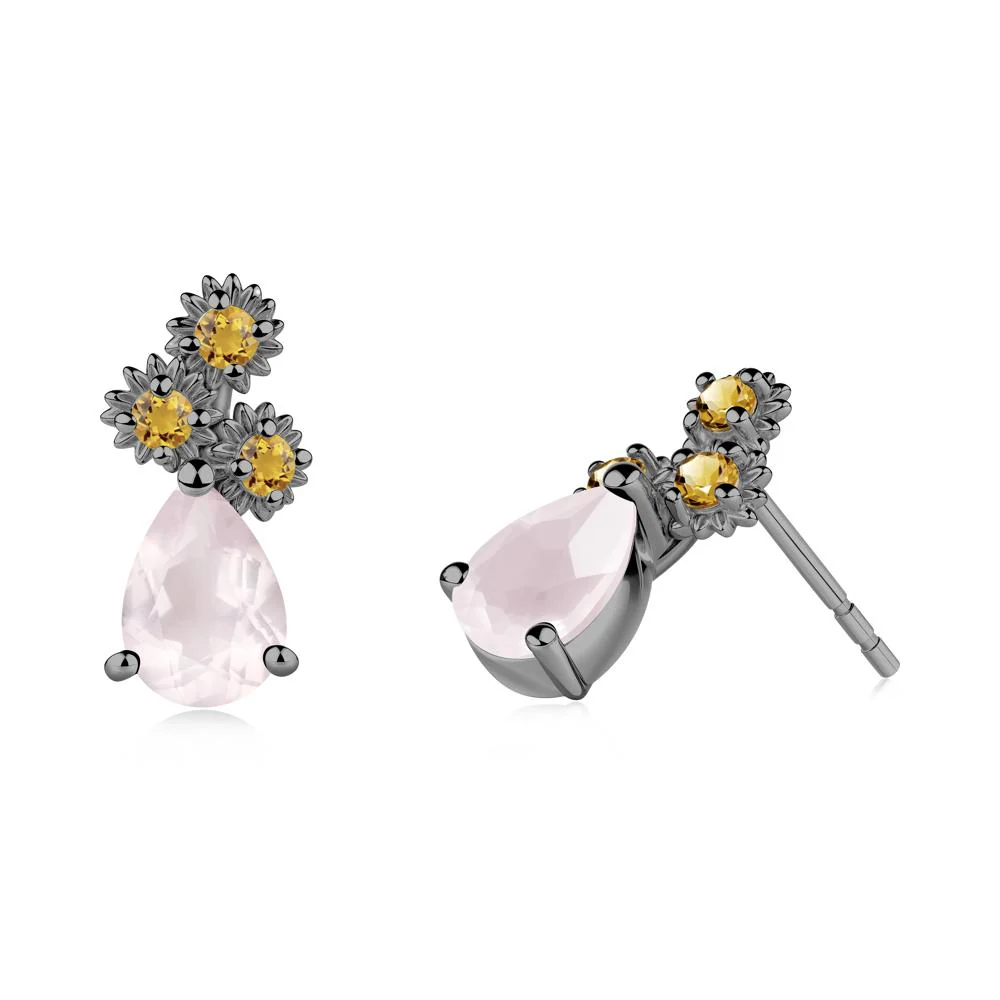Teardrop Rose Quartz and Citrine Flower Stud Earrings - Image 5