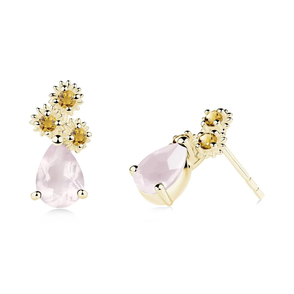 Teardrop Rose Quartz and Citrine Flower Stud Earrings - Image 6