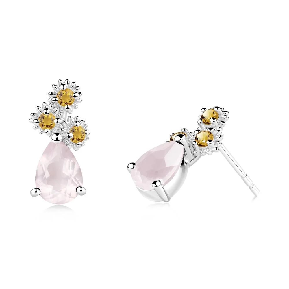 Teardrop Rose Quartz and Citrine Flower Stud Earrings - Image 7