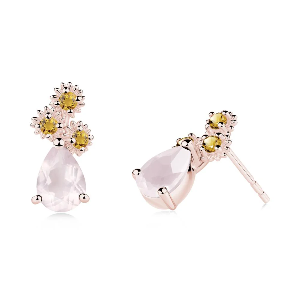 Teardrop Rose Quartz and Citrine Flower Stud Earrings - Image 9