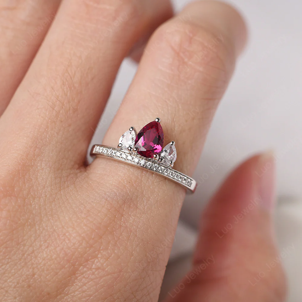 Ruby Three Stone Pear Engagement Ring - Image 5