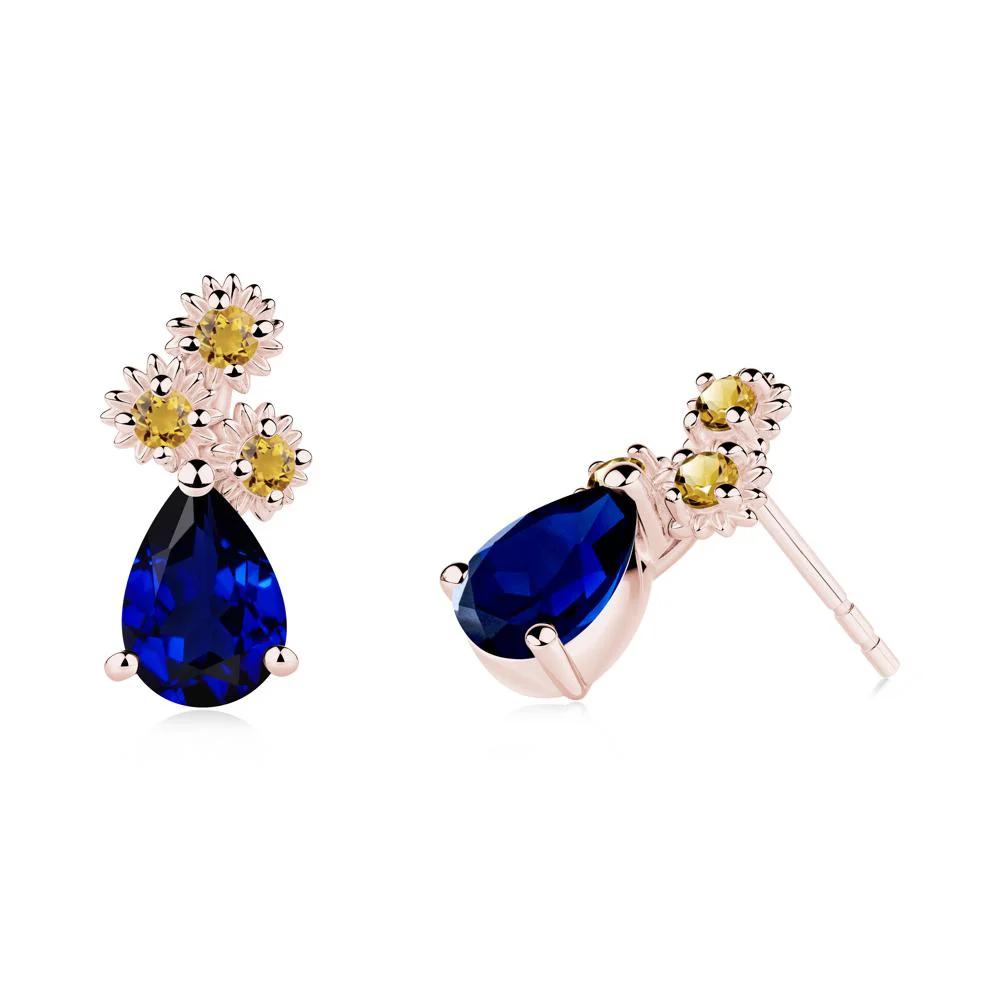 Teardrop Sapphire and Citrine Flower Stud Earrings - Image 3