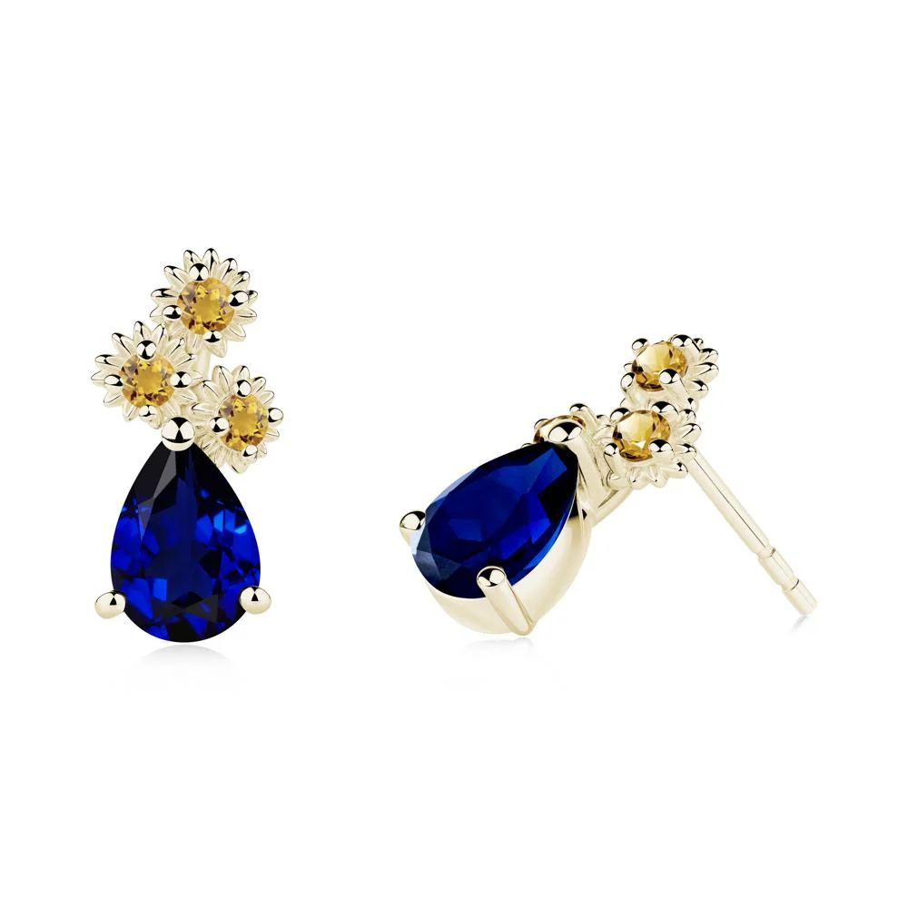 Teardrop Sapphire and Citrine Flower Stud Earrings - Image 4
