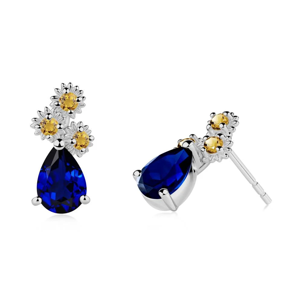 Teardrop Sapphire and Citrine Flower Stud Earrings - Image 6