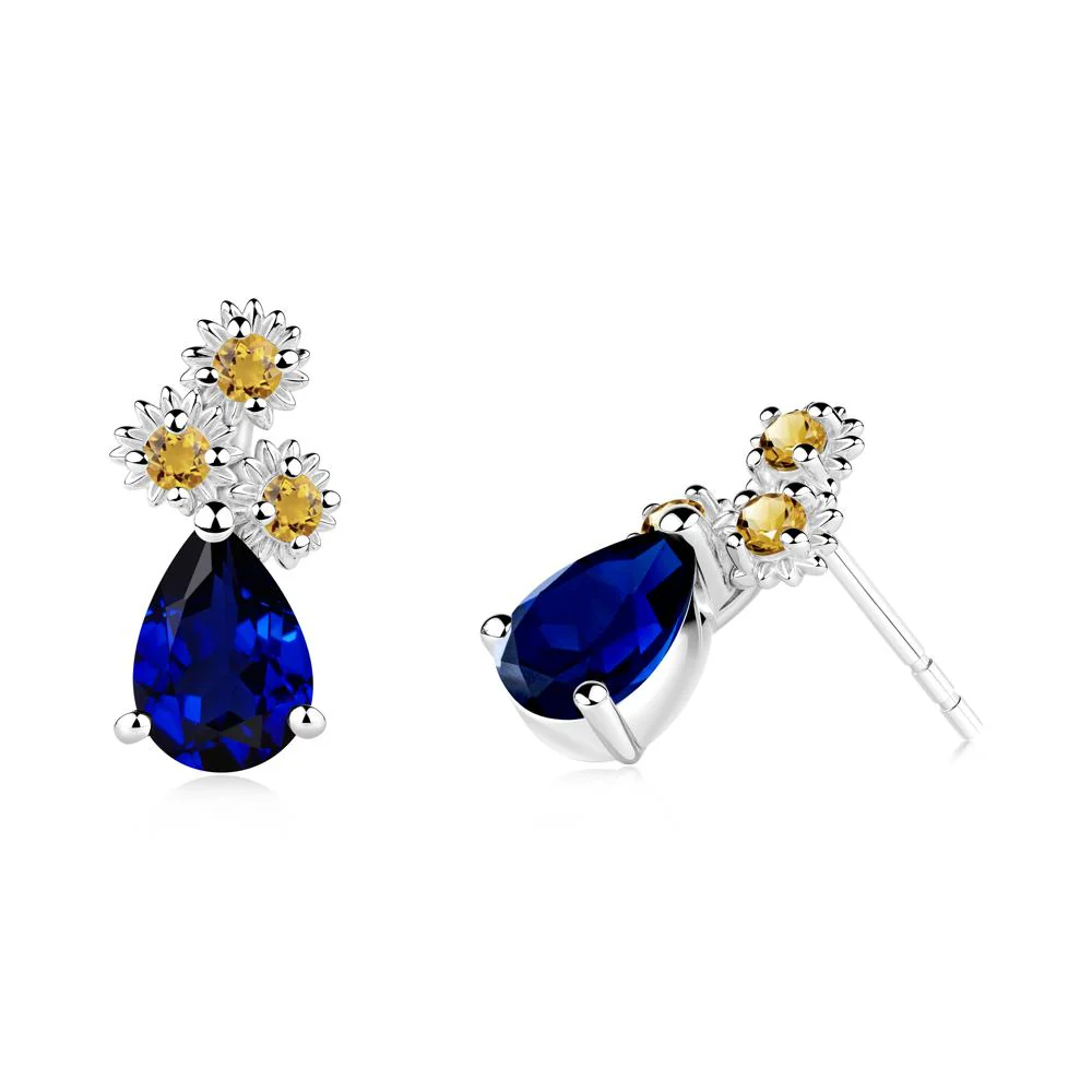 Teardrop Sapphire and Citrine Flower Stud Earrings - Image 8