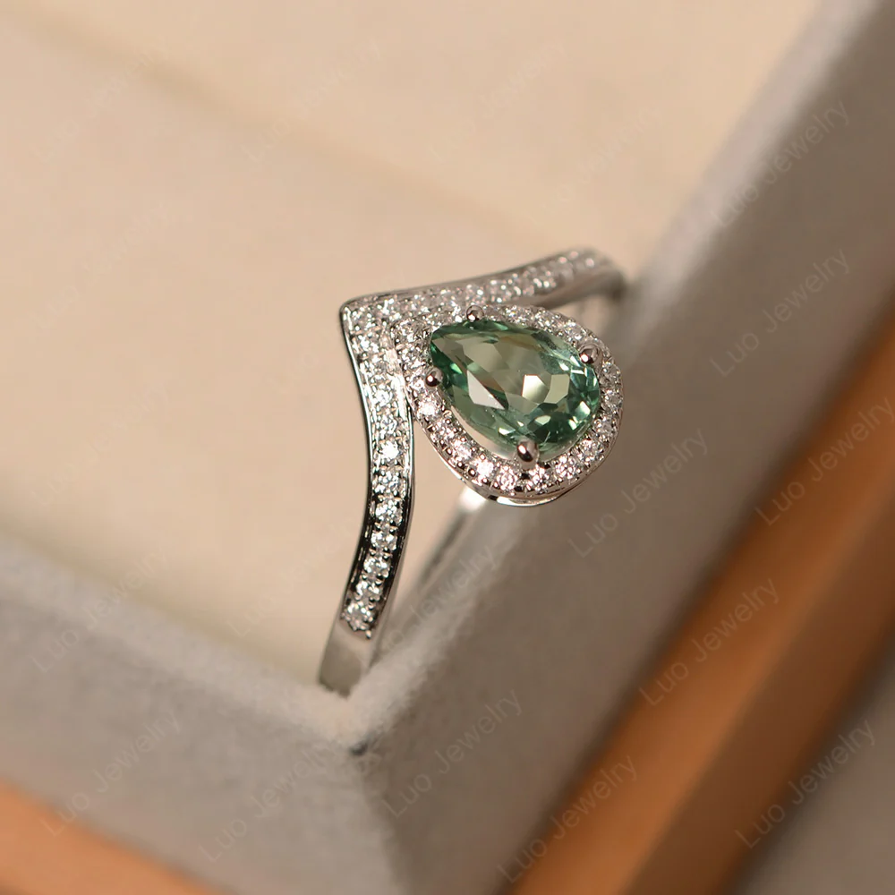 Teardrop Shaped Green Sapphire Chevron Ring - Image 2