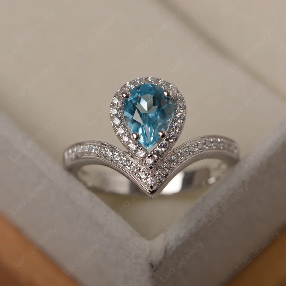 Teardrop Shaped Swiss Blue Topaz Chevron Ring