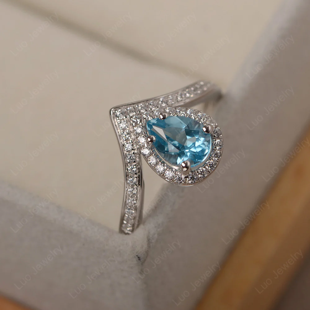 Teardrop Shaped Swiss Blue Topaz Chevron Ring - Image 2
