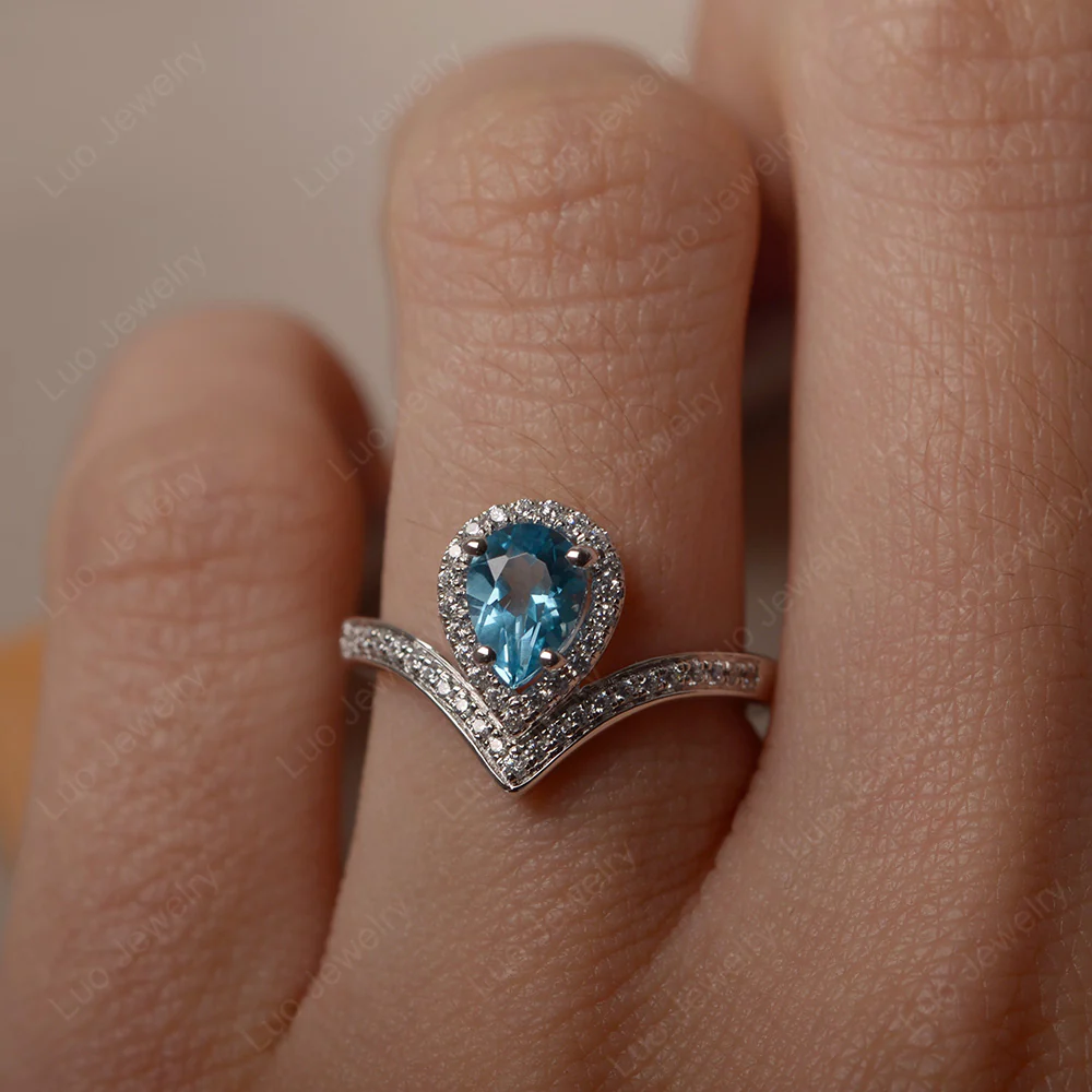 Teardrop Shaped Swiss Blue Topaz Chevron Ring - Image 4