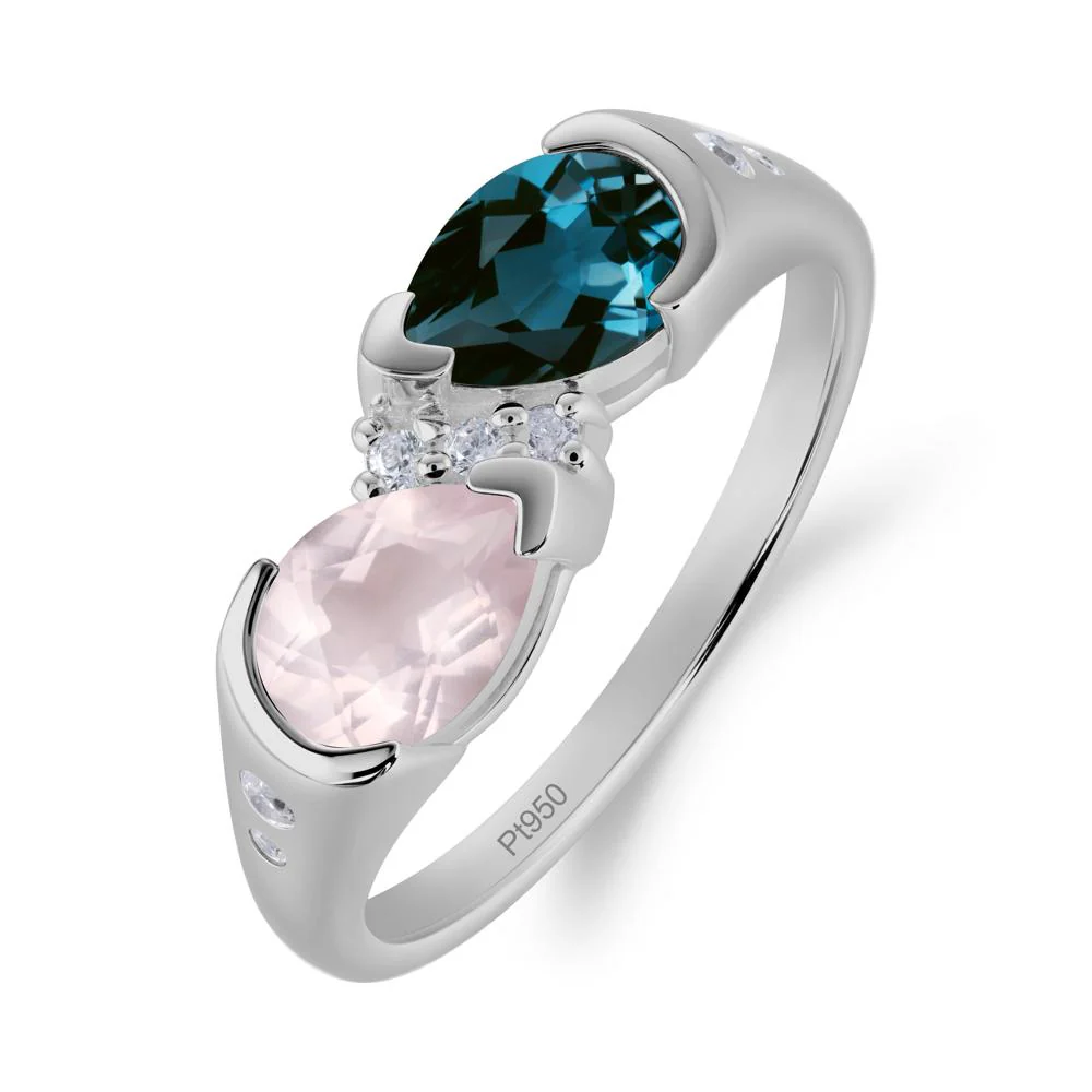 Toi Et Moi Pear Cut London Blue Topaz and Rose Quartz Ring - Image 2