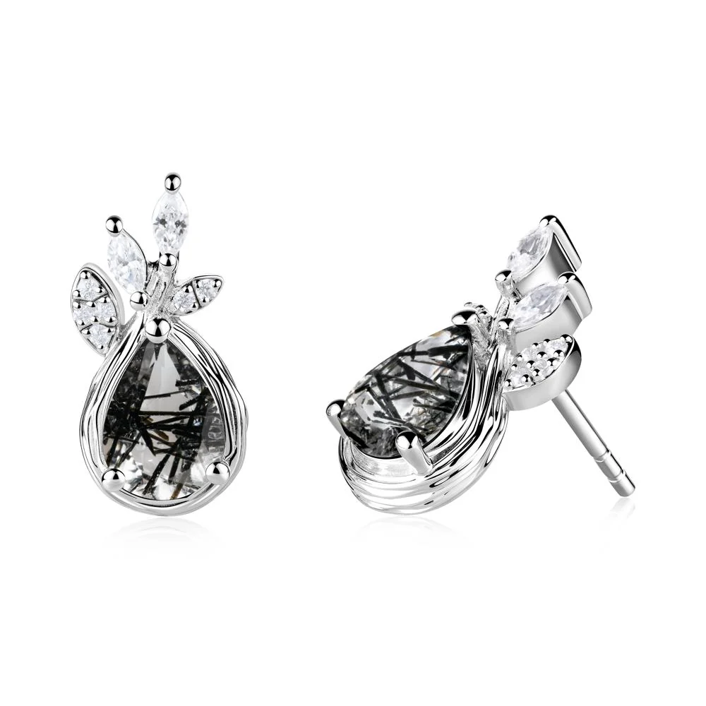 Tree Bark Texture Pear Shaped Black Rutilated Quartz Stud Earrings - Image 8