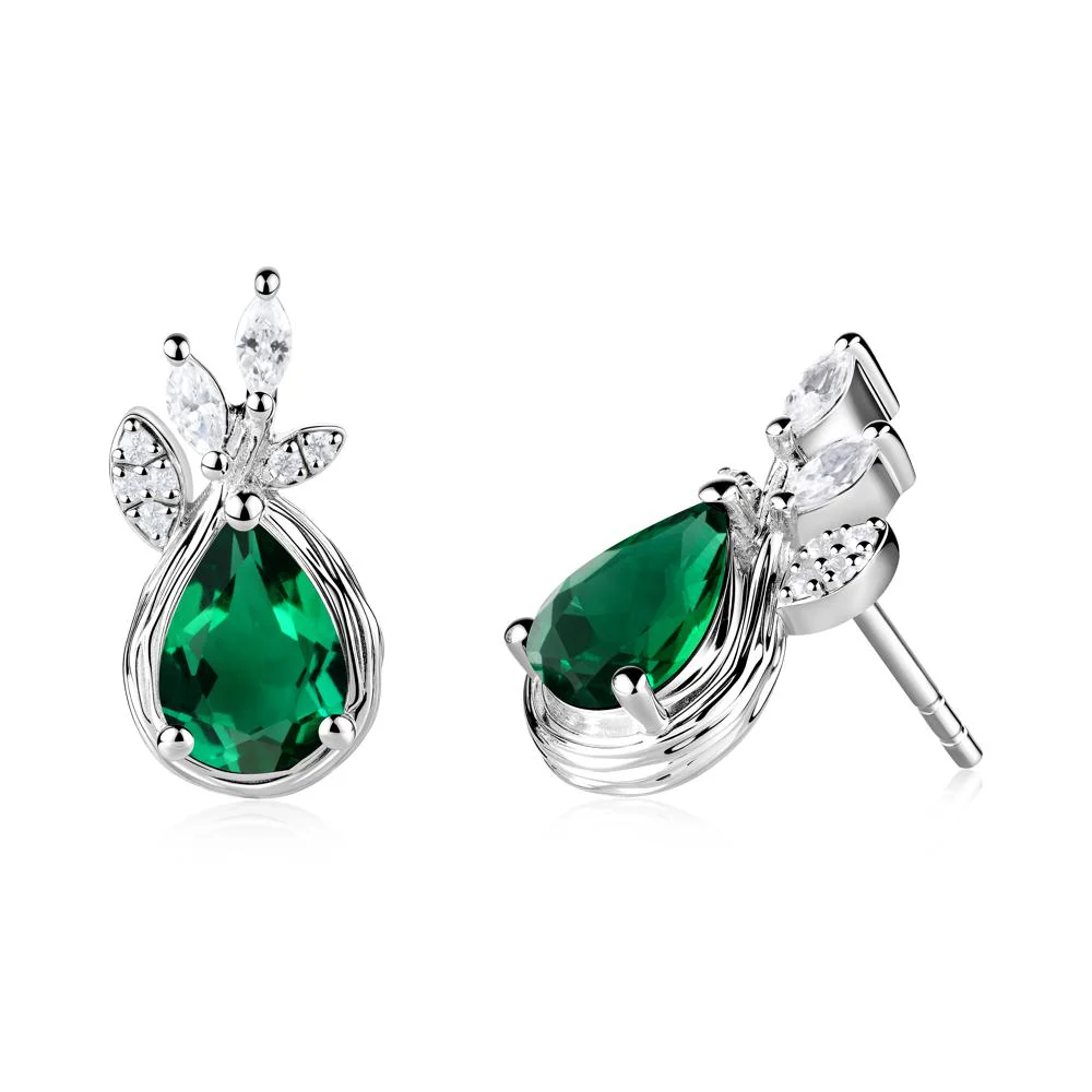 Tree Bark Texture Pear Shaped Emerald Stud Earrings - Image 9