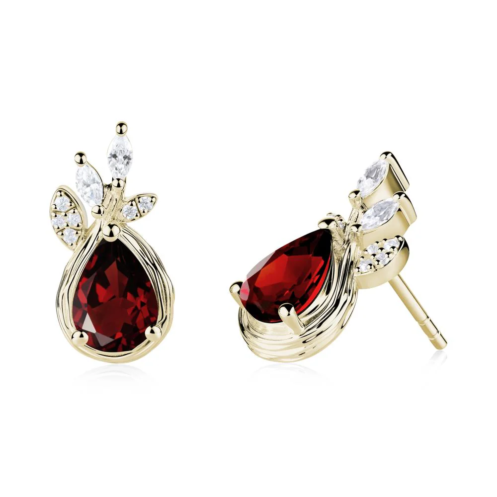 Tree Bark Texture Pear Shaped Garnet Stud Earrings