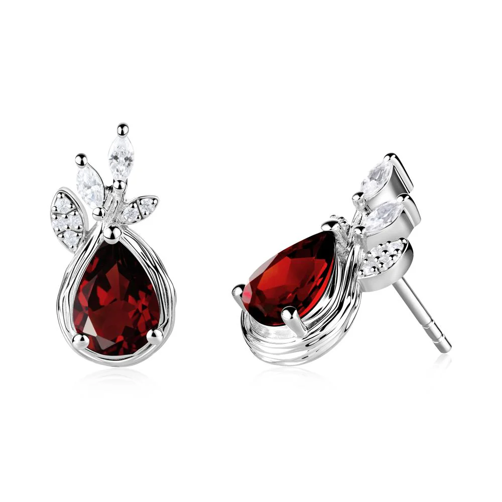 Tree Bark Texture Pear Shaped Garnet Stud Earrings - Image 2