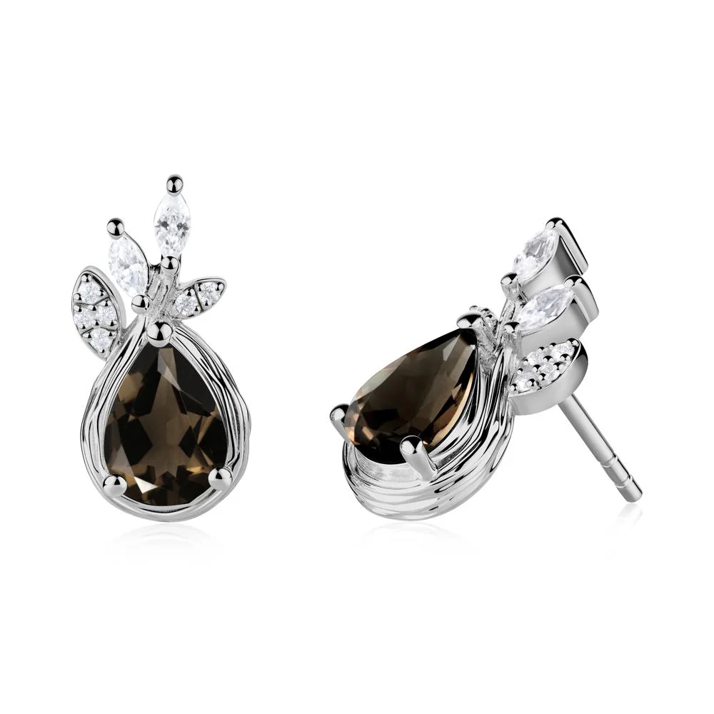 Tree Bark Texture Pear Shaped Smoky Quartz Stud Earrings - Image 5