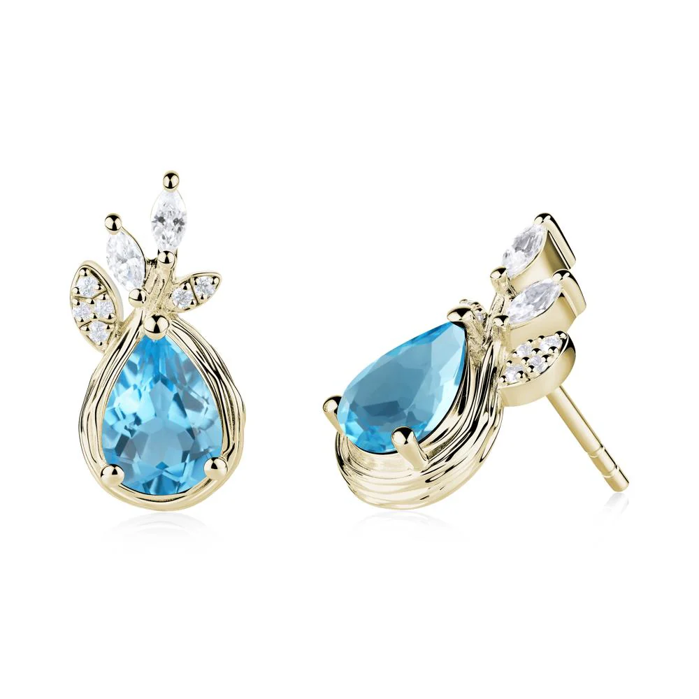 Tree Bark Texture Pear Shaped Swiss Blue Topaz Stud Earrings