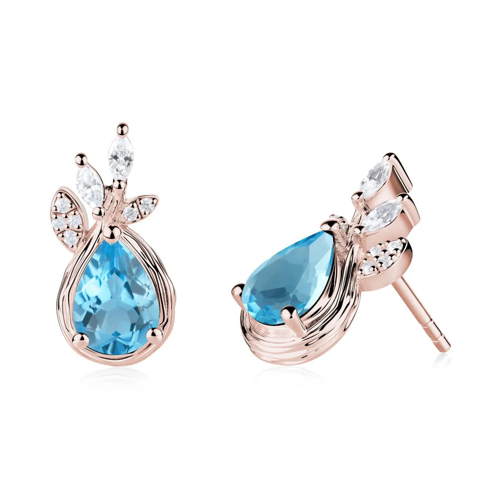 Tree Bark Texture Pear Shaped Swiss Blue Topaz Stud Earrings - Image 3