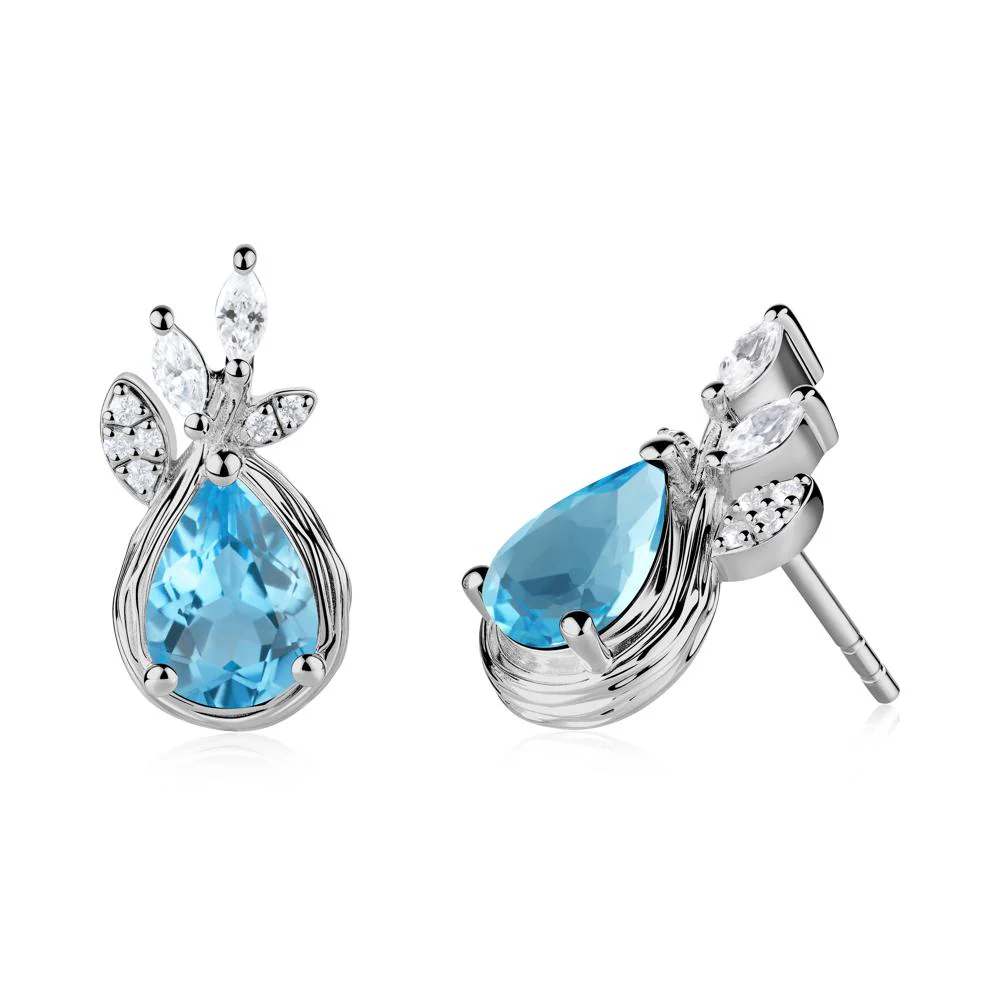 Tree Bark Texture Pear Shaped Swiss Blue Topaz Stud Earrings - Image 5