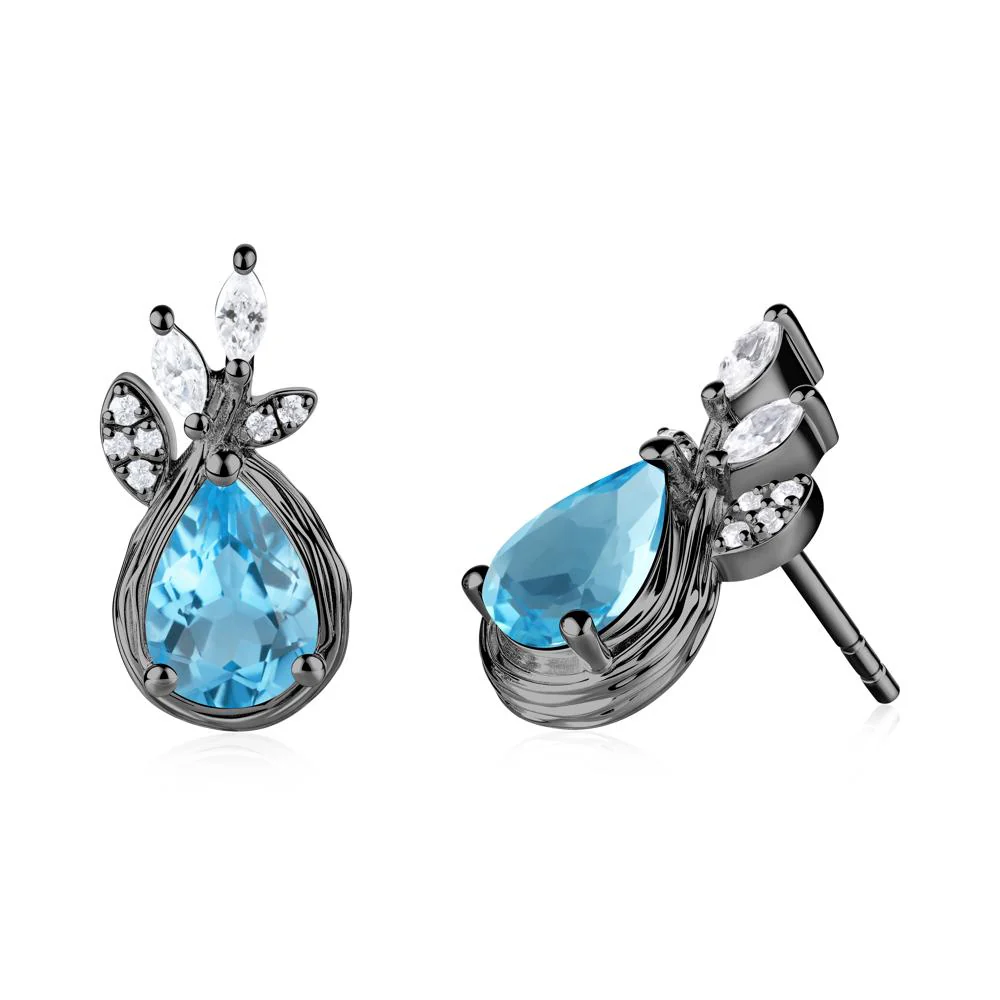 Tree Bark Texture Pear Shaped Swiss Blue Topaz Stud Earrings - Image 7