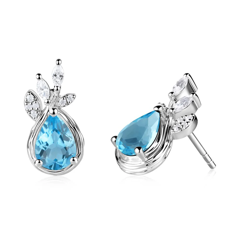 Tree Bark Texture Pear Shaped Swiss Blue Topaz Stud Earrings - Image 8