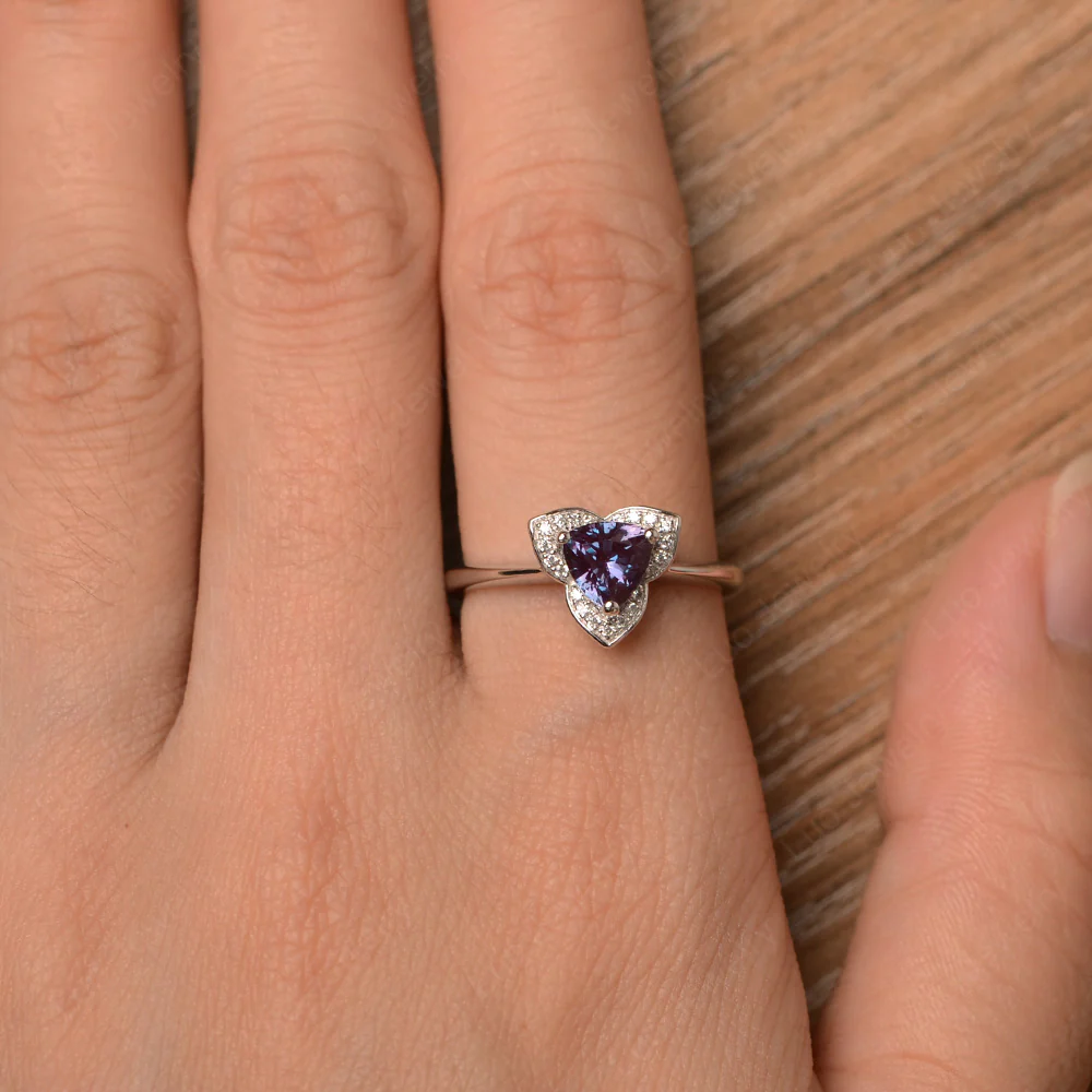 Trillion Cut Alexandrite Floral Halo Ring - Image 4
