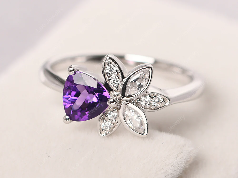 Trillion Cut Amethyst Flower Ring