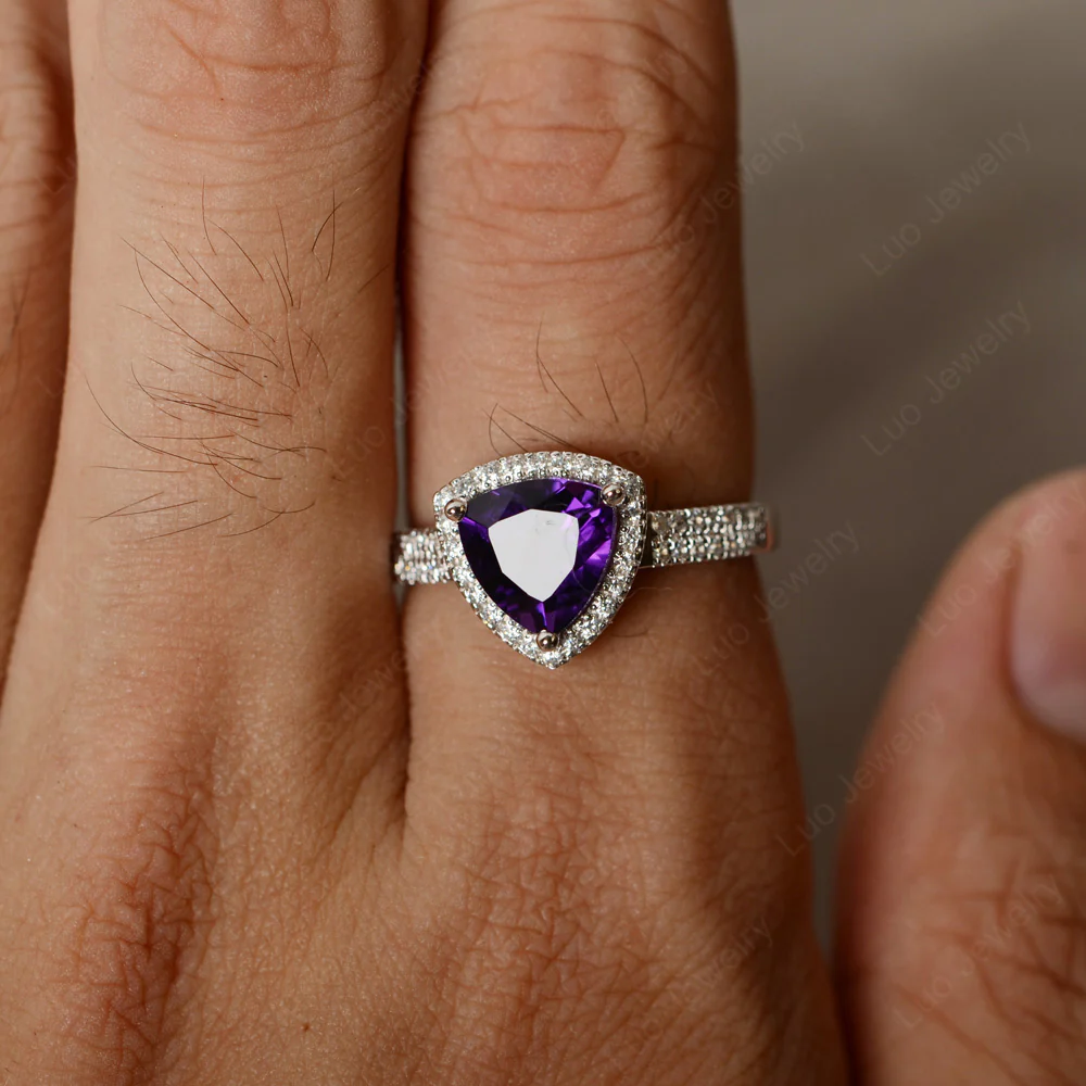 Trillion Cut Amethyst Halo Engagement Ring - Image 2