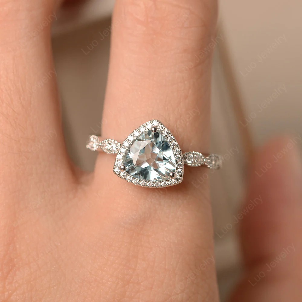Trillion Cut Aquamarine Cocktail Halo Ring - Image 6