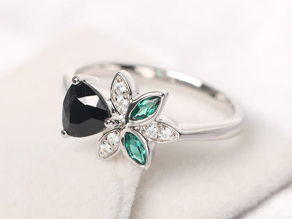 Trillion Cut Black Spinel Flower Ring - Image 2