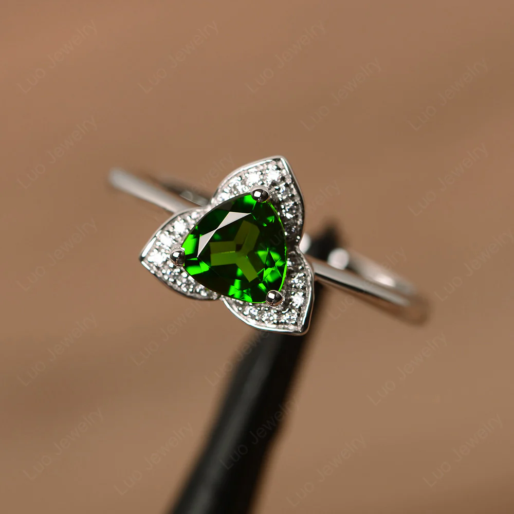 Trillion Cut Diopside Floral Halo Ring