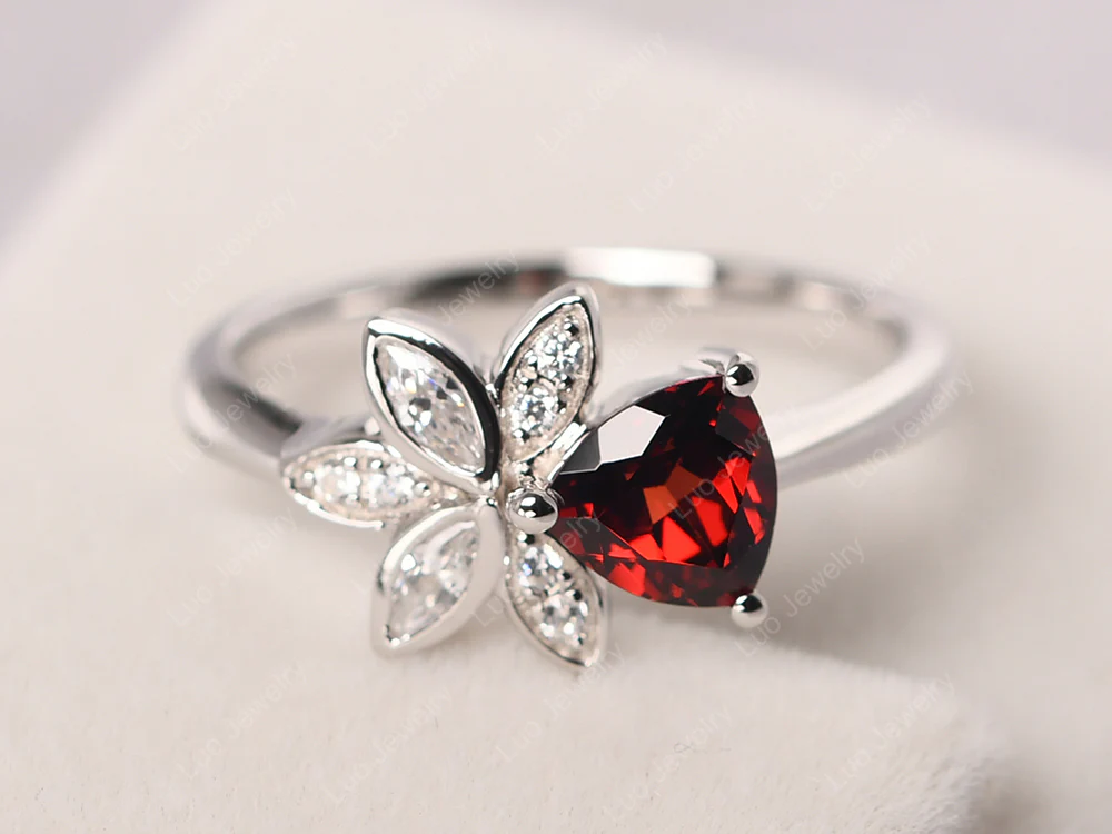 Trillion Cut Garnet Flower Ring