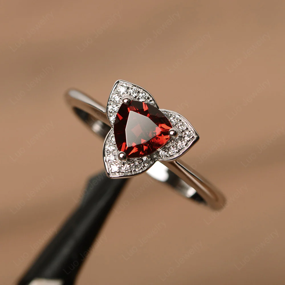 Trillion Cut Garnet Floral Halo Ring