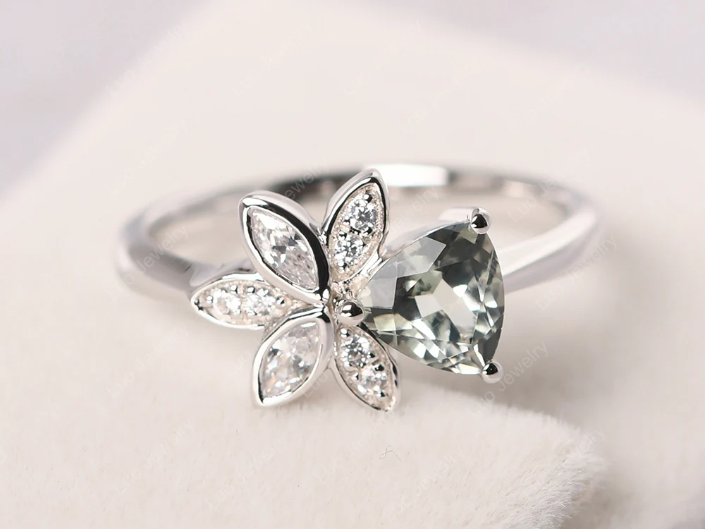 Trillion Cut Green Amethyst Flower Ring