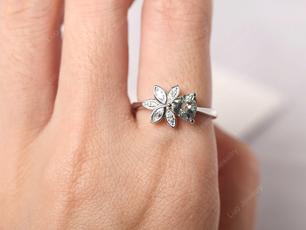 Trillion Cut Green Amethyst Flower Ring - Image 5
