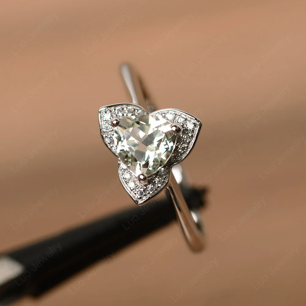 Green Amethyst Trillion Cut Halo Ring - Image 2
